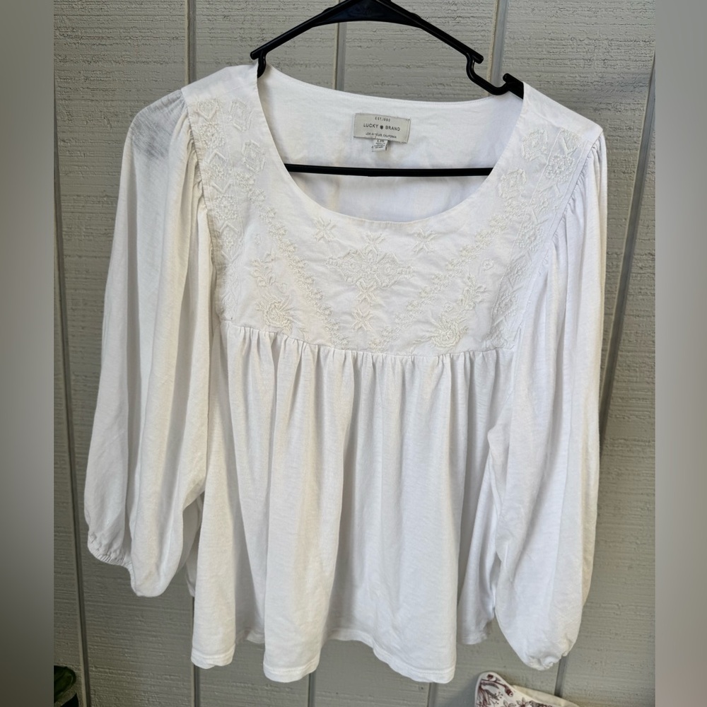 Lucky Brand Cream Smocked Blouse with Bib Collar